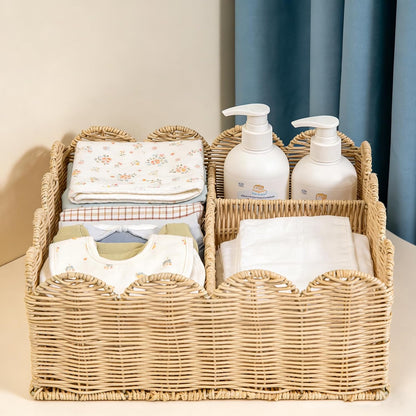 Rattan Divided Scalloped Basket,Wicker Diaper Caddy Scalloped Baske,Woven Natural Basket with 4 Dividers,Suitable for Baby Rooms, Bathrooms, Bedrooms (Rattan)
