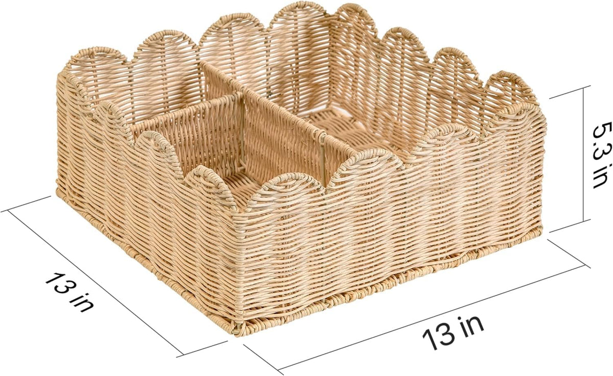 Rattan Divided Scalloped Basket,Wicker Diaper Caddy Scalloped Baske,Woven Natural Basket with 4 Dividers,Suitable for Baby Rooms, Bathrooms, Bedrooms (Rattan)