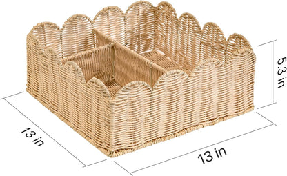Rattan Divided Scalloped Basket,Wicker Diaper Caddy Scalloped Baske,Woven Natural Basket with 4 Dividers,Suitable for Baby Rooms, Bathrooms, Bedrooms (Rattan)