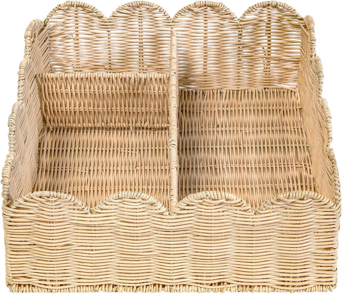 Rattan Divided Scalloped Basket,Wicker Diaper Caddy Scalloped Baske,Woven Natural Basket with 4 Dividers,Suitable for Baby Rooms, Bathrooms, Bedrooms (Rattan)