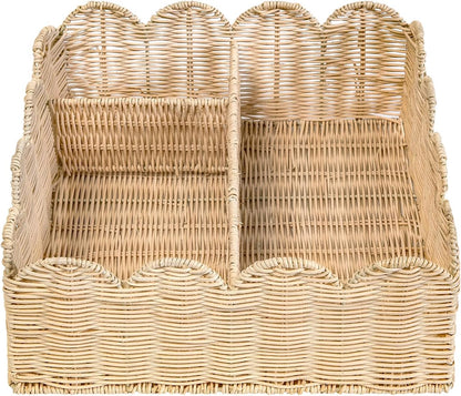 Rattan Divided Scalloped Basket,Wicker Diaper Caddy Scalloped Baske,Woven Natural Basket with 4 Dividers,Suitable for Baby Rooms, Bathrooms, Bedrooms (Rattan)