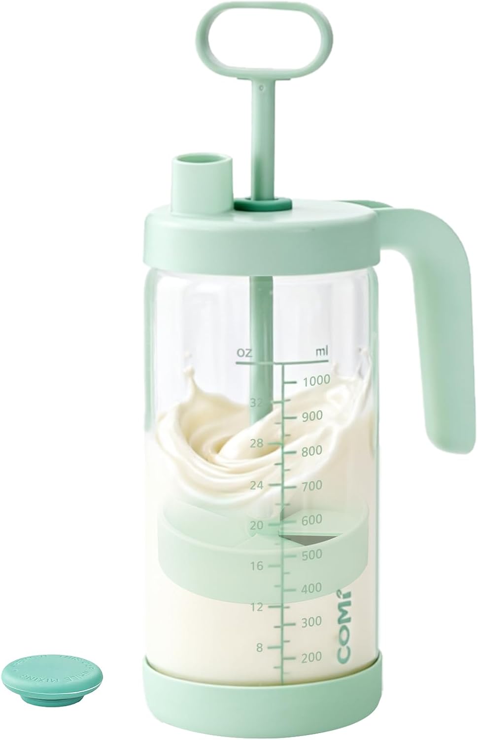 Glass Formula Mixing Pitcher with Easy-Blend Handle Lid, 32oz Leakproof Breast Milk Pitcher with Silicone Protective Sleeve, Designed for the Pitcher Method Breastmilk, BPA Free, Green