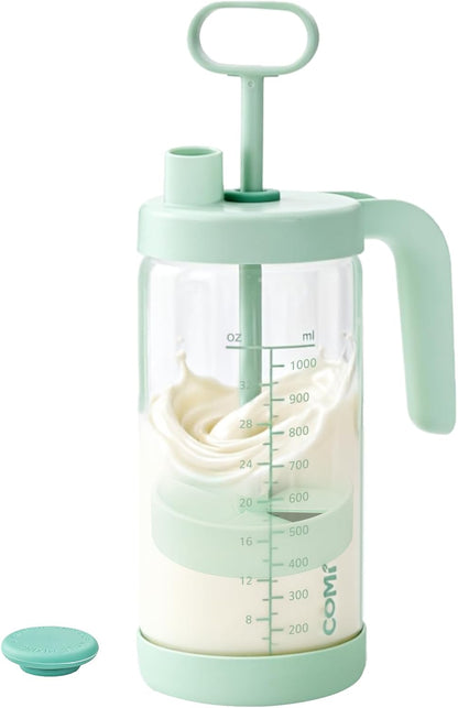 Glass Formula Mixing Pitcher with Easy-Blend Handle Lid, 32oz Leakproof Breast Milk Pitcher with Silicone Protective Sleeve, Designed for the Pitcher Method Breastmilk, BPA Free, Green