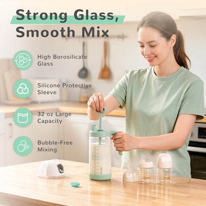Glass Formula Mixing Pitcher with Easy-Blend Handle Lid, 32oz Leakproof Breast Milk Pitcher with Silicone Protective Sleeve, Designed for the Pitcher Method Breastmilk, BPA Free, Green