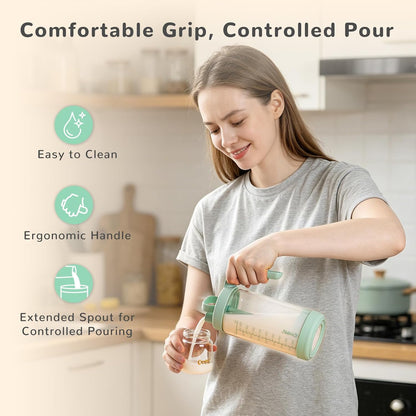 Glass Formula Mixing Pitcher with Easy-Blend Handle Lid, 32oz Leakproof Breast Milk Pitcher with Silicone Protective Sleeve, Designed for the Pitcher Method Breastmilk, BPA Free, Green