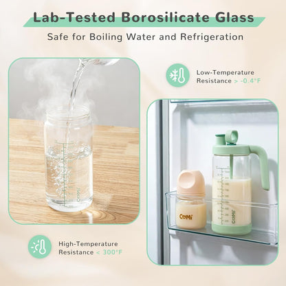 Glass Formula Mixing Pitcher with Easy-Blend Handle Lid, 32oz Leakproof Breast Milk Pitcher with Silicone Protective Sleeve, Designed for the Pitcher Method Breastmilk, BPA Free, Green