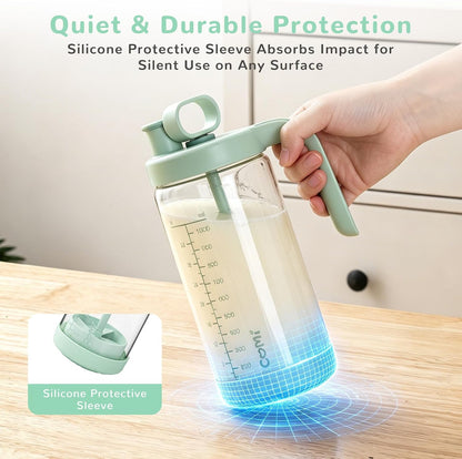 Glass Formula Mixing Pitcher with Easy-Blend Handle Lid, 32oz Leakproof Breast Milk Pitcher with Silicone Protective Sleeve, Designed for the Pitcher Method Breastmilk, BPA Free, Green
