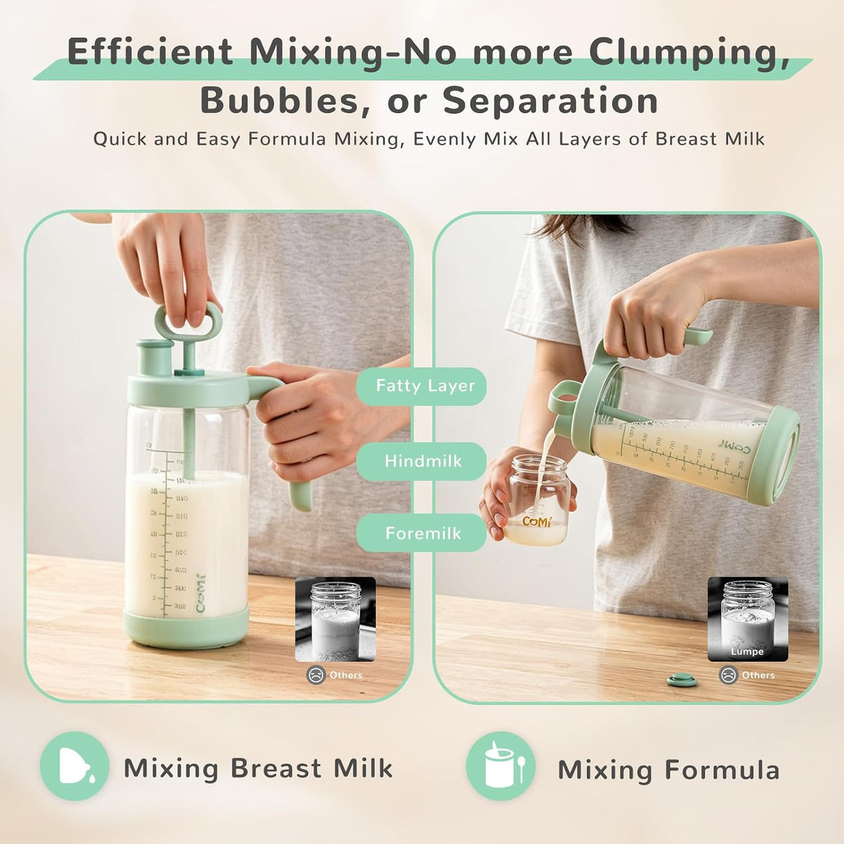 Glass Formula Mixing Pitcher with Easy-Blend Handle Lid, 32oz Leakproof Breast Milk Pitcher with Silicone Protective Sleeve, Designed for the Pitcher Method Breastmilk, BPA Free, Green