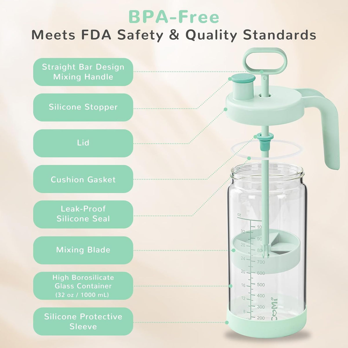 Glass Formula Mixing Pitcher with Easy-Blend Handle Lid, 32oz Leakproof Breast Milk Pitcher with Silicone Protective Sleeve, Designed for the Pitcher Method Breastmilk, BPA Free, Green