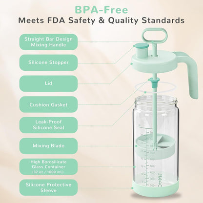 Glass Formula Mixing Pitcher with Easy-Blend Handle Lid, 32oz Leakproof Breast Milk Pitcher with Silicone Protective Sleeve, Designed for the Pitcher Method Breastmilk, BPA Free, Green