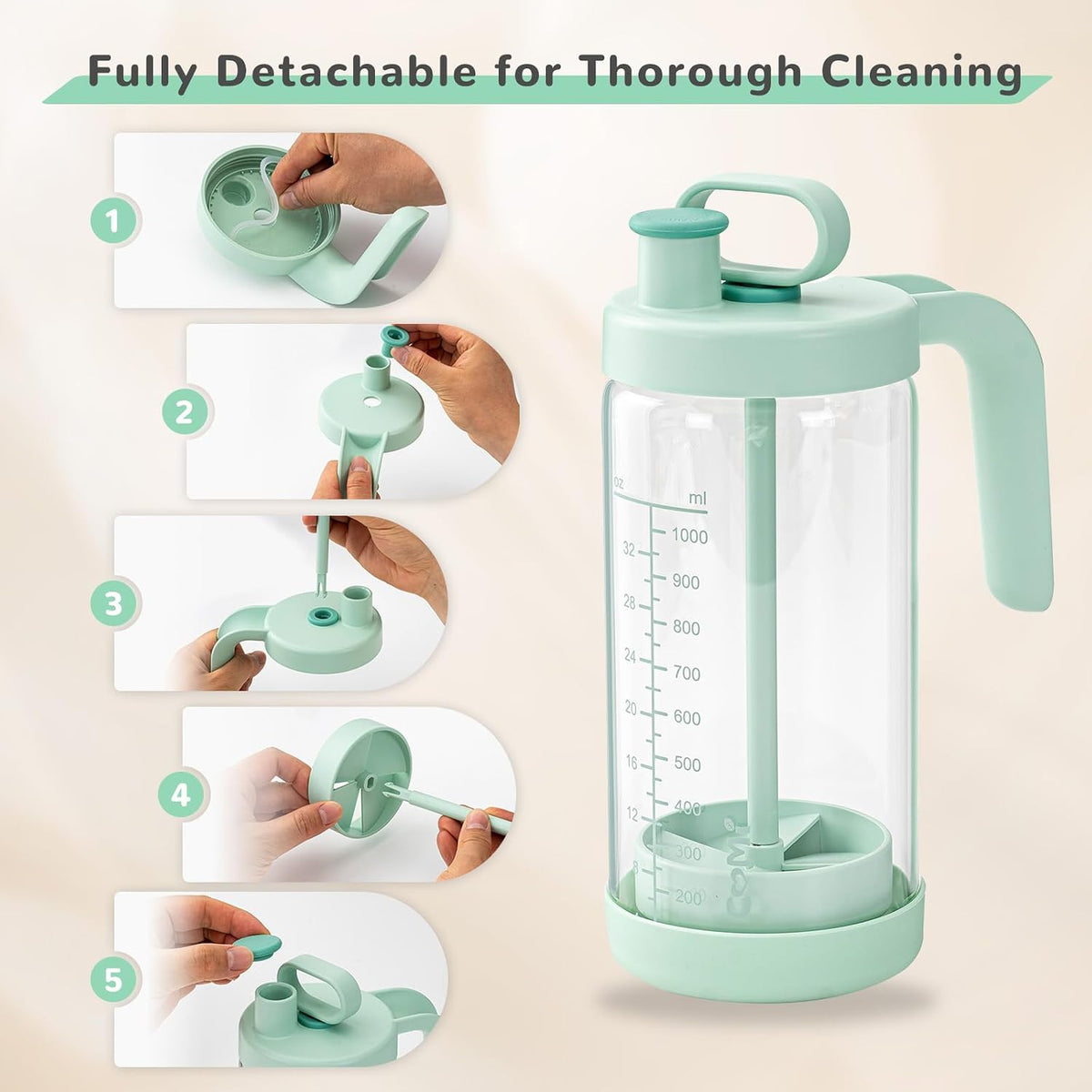 Glass Formula Mixing Pitcher with Easy-Blend Handle Lid, 32oz Leakproof Breast Milk Pitcher with Silicone Protective Sleeve, Designed for the Pitcher Method Breastmilk, BPA Free, Green