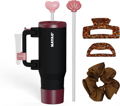 40oz Travel Tumbler with Foldable Handle and Straw 2-Position Lid | Insulated Stainless Steel Cup, Dual Straw-Sip Lid, Folding Handle, Cup Holder Compatible for Travel| BPA-Free （Coral Pink）