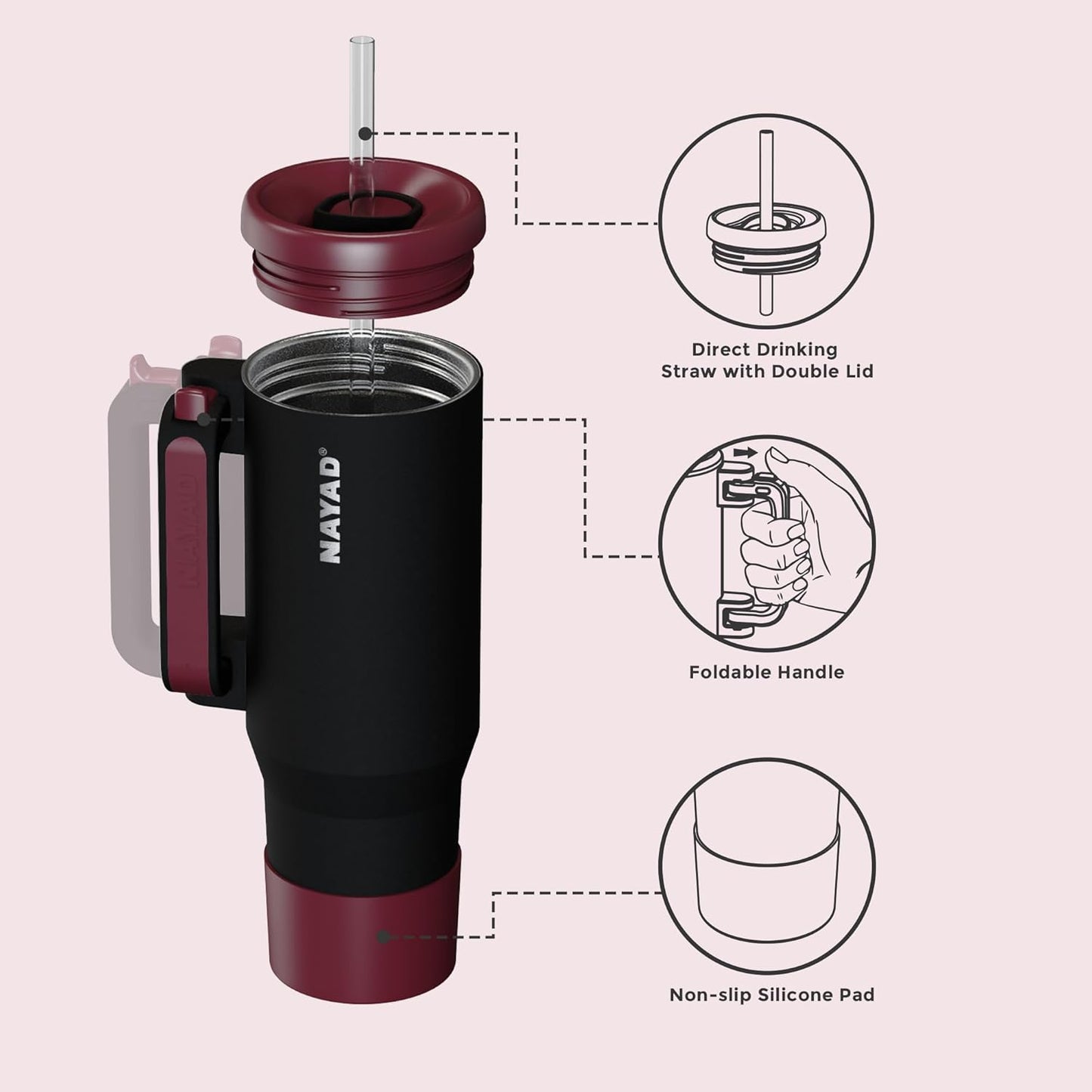 40oz Travel Tumbler with Foldable Handle and Straw 2-Position Lid | Insulated Stainless Steel Cup, Dual Straw-Sip Lid, Folding Handle, Cup Holder Compatible for Travel| BPA-Free （Coral Pink）