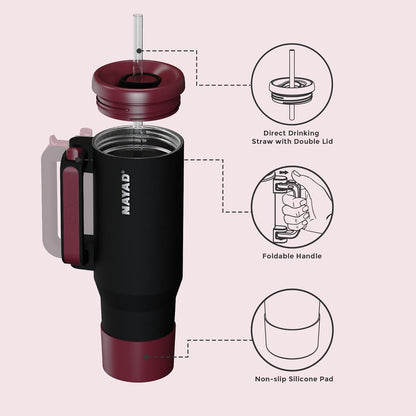 40oz Travel Tumbler with Foldable Handle and Straw 2-Position Lid | Insulated Stainless Steel Cup, Dual Straw-Sip Lid, Folding Handle, Cup Holder Compatible for Travel| BPA-Free （Coral Pink）