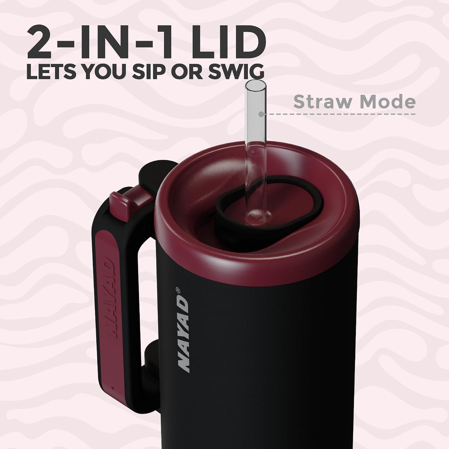 40oz Travel Tumbler with Foldable Handle and Straw 2-Position Lid | Insulated Stainless Steel Cup, Dual Straw-Sip Lid, Folding Handle, Cup Holder Compatible for Travel| BPA-Free （Coral Pink）