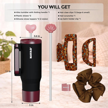 40oz Travel Tumbler with Foldable Handle and Straw 2-Position Lid | Insulated Stainless Steel Cup, Dual Straw-Sip Lid, Folding Handle, Cup Holder Compatible for Travel| BPA-Free （Coral Pink）