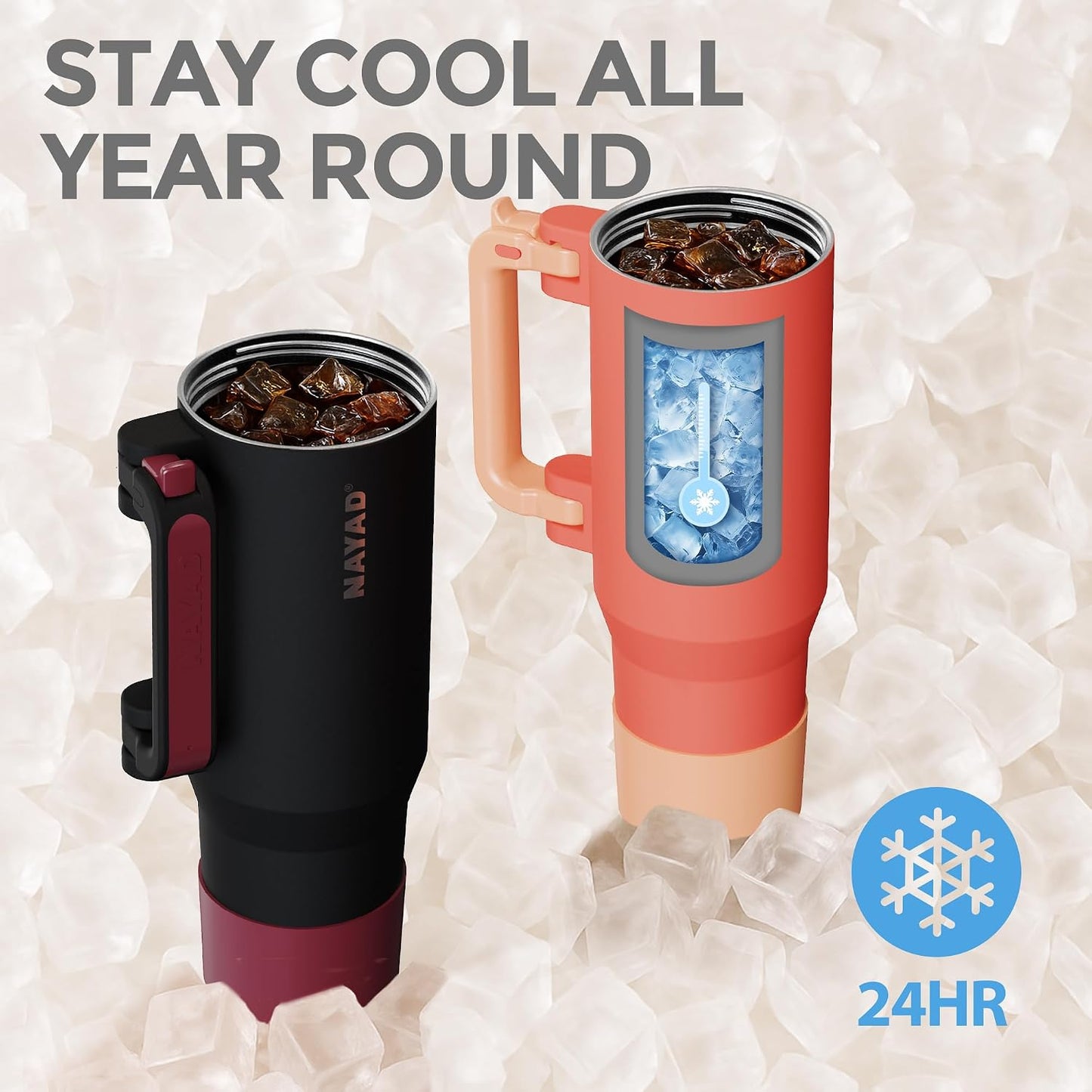 40oz Travel Tumbler with Foldable Handle and Straw 2-Position Lid | Insulated Stainless Steel Cup, Dual Straw-Sip Lid, Folding Handle, Cup Holder Compatible for Travel| BPA-Free （Coral Pink）