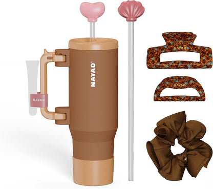 40oz Travel Tumbler with Foldable Handle and Straw 2-Position Lid | Insulated Stainless Steel Cup, Dual Straw-Sip Lid, Folding Handle, Cup Holder Compatible for Travel| BPA-Free （Coral Pink）