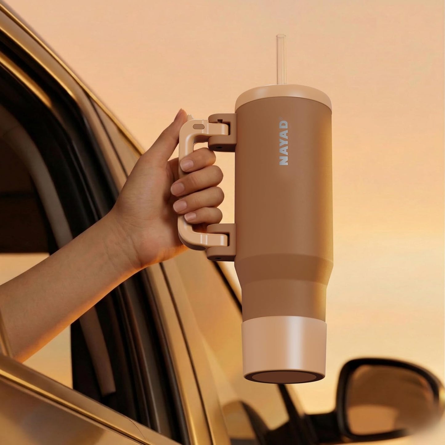 40oz Travel Tumbler with Foldable Handle and Straw 2-Position Lid | Insulated Stainless Steel Cup, Dual Straw-Sip Lid, Folding Handle, Cup Holder Compatible for Travel| BPA-Free （Coral Pink）