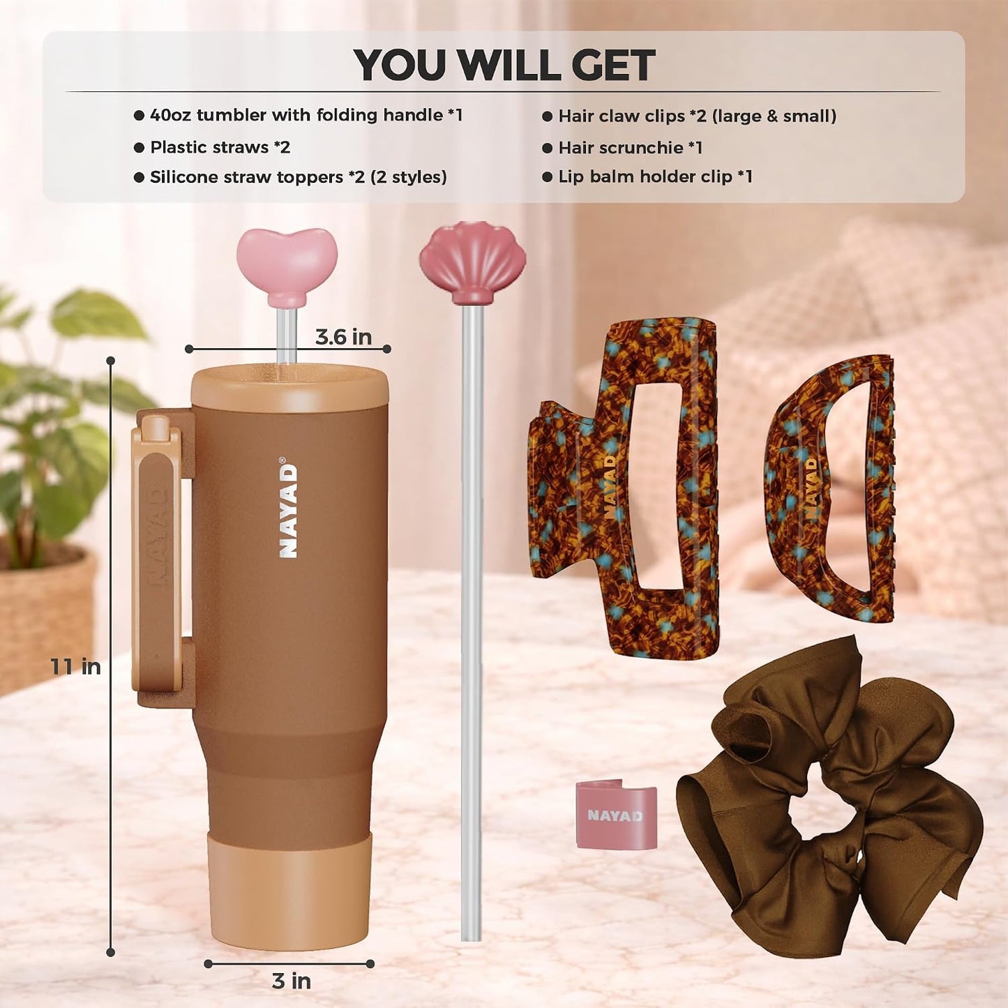 40oz Travel Tumbler with Foldable Handle and Straw 2-Position Lid | Insulated Stainless Steel Cup, Dual Straw-Sip Lid, Folding Handle, Cup Holder Compatible for Travel| BPA-Free （Coral Pink）