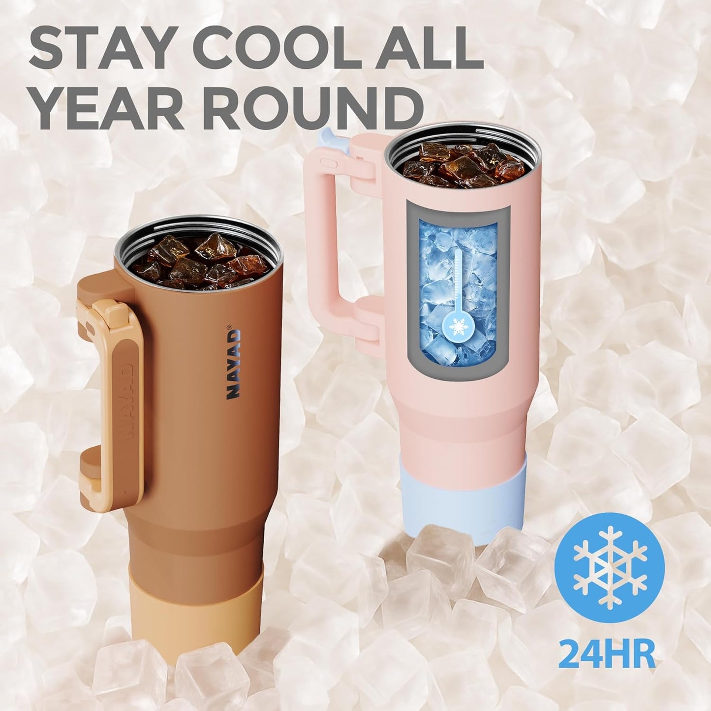 40oz Travel Tumbler with Foldable Handle and Straw 2-Position Lid | Insulated Stainless Steel Cup, Dual Straw-Sip Lid, Folding Handle, Cup Holder Compatible for Travel| BPA-Free （Coral Pink）