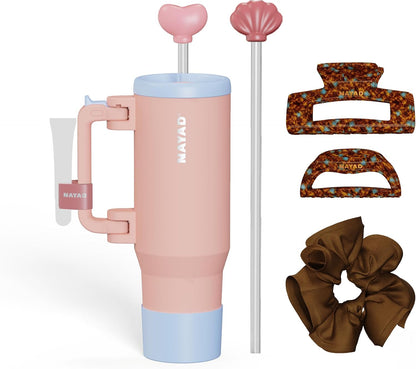 40oz Travel Tumbler with Foldable Handle and Straw 2-Position Lid | Insulated Stainless Steel Cup, Dual Straw-Sip Lid, Folding Handle, Cup Holder Compatible for Travel| BPA-Free （Coral Pink）