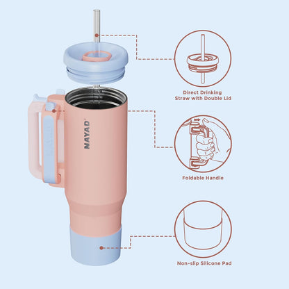 40oz Travel Tumbler with Foldable Handle and Straw 2-Position Lid | Insulated Stainless Steel Cup, Dual Straw-Sip Lid, Folding Handle, Cup Holder Compatible for Travel| BPA-Free （Coral Pink）