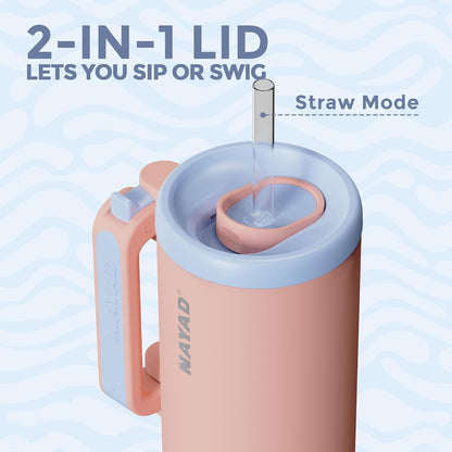 40oz Travel Tumbler with Foldable Handle and Straw 2-Position Lid | Insulated Stainless Steel Cup, Dual Straw-Sip Lid, Folding Handle, Cup Holder Compatible for Travel| BPA-Free （Coral Pink）