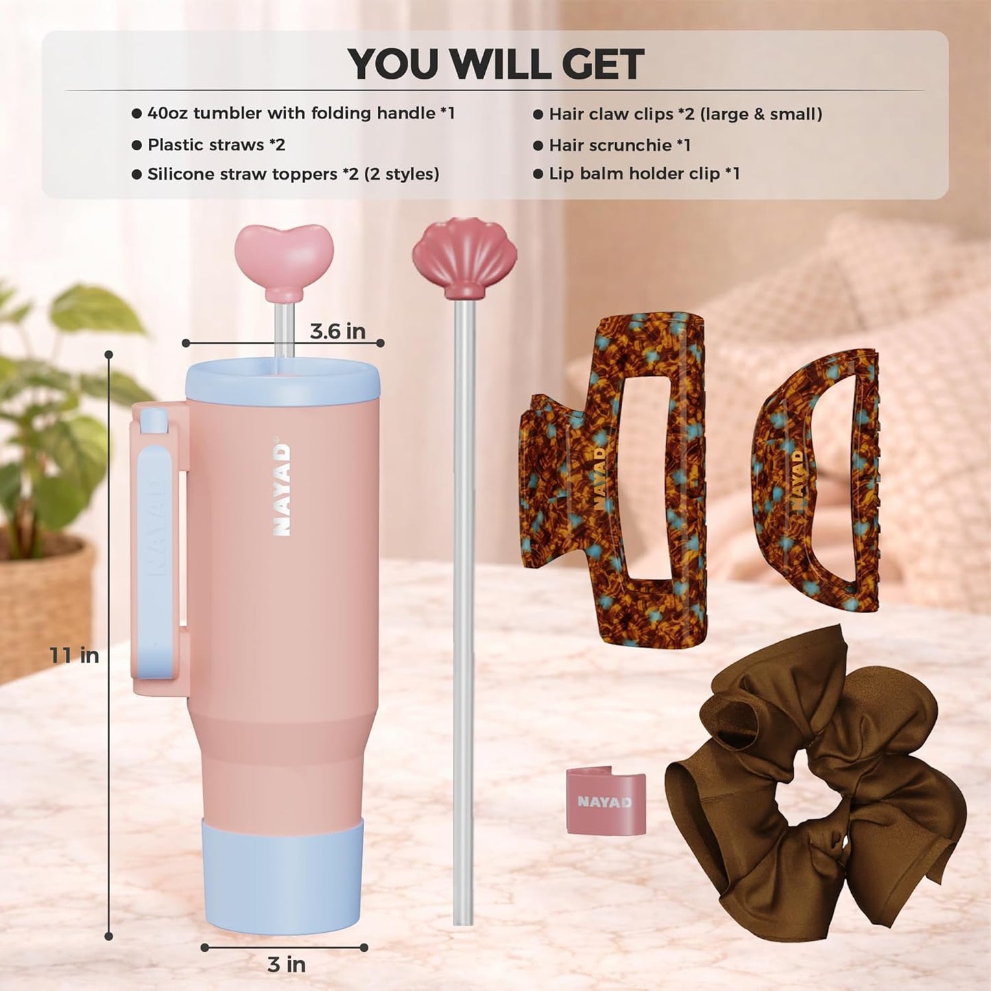 40oz Travel Tumbler with Foldable Handle and Straw 2-Position Lid | Insulated Stainless Steel Cup, Dual Straw-Sip Lid, Folding Handle, Cup Holder Compatible for Travel| BPA-Free （Coral Pink）