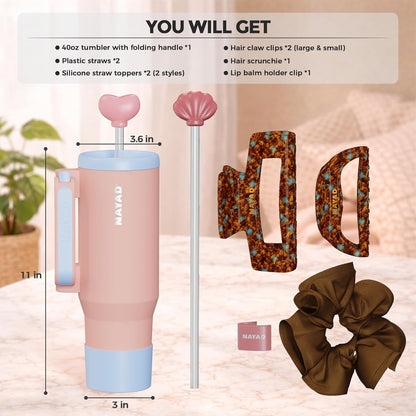 40oz Travel Tumbler with Foldable Handle and Straw 2-Position Lid | Insulated Stainless Steel Cup, Dual Straw-Sip Lid, Folding Handle, Cup Holder Compatible for Travel| BPA-Free （Coral Pink）