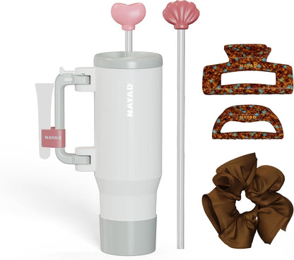 40oz Travel Tumbler with Foldable Handle and Straw 2-Position Lid | Insulated Stainless Steel Cup, Dual Straw-Sip Lid, Folding Handle, Cup Holder Compatible for Travel| BPA-Free （Coral Pink）