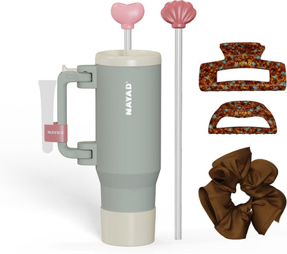 40oz Travel Tumbler with Foldable Handle and Straw 2-Position Lid | Insulated Stainless Steel Cup, Dual Straw-Sip Lid, Folding Handle, Cup Holder Compatible for Travel| BPA-Free （Coral Pink）