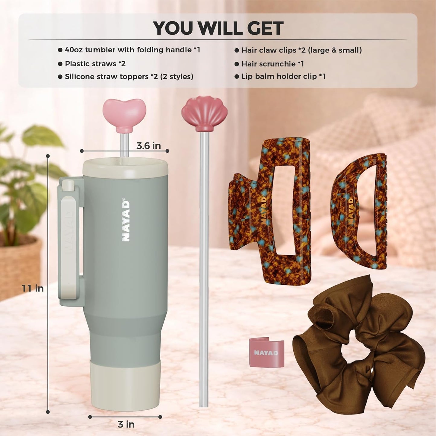 40oz Travel Tumbler with Foldable Handle and Straw 2-Position Lid | Insulated Stainless Steel Cup, Dual Straw-Sip Lid, Folding Handle, Cup Holder Compatible for Travel| BPA-Free （Coral Pink）