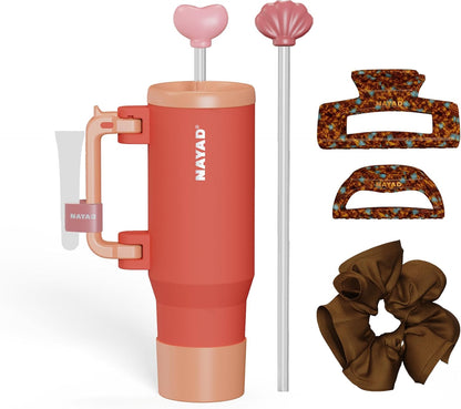 40oz Travel Tumbler with Foldable Handle and Straw 2-Position Lid | Insulated Stainless Steel Cup, Dual Straw-Sip Lid, Folding Handle, Cup Holder Compatible for Travel| BPA-Free （Coral Pink）