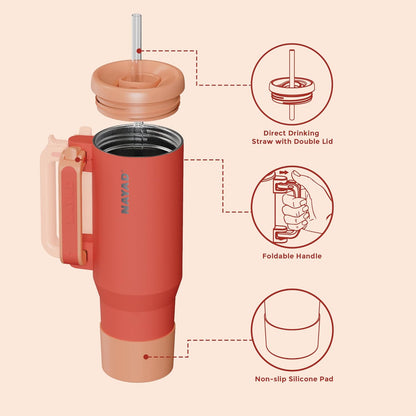 40oz Travel Tumbler with Foldable Handle and Straw 2-Position Lid | Insulated Stainless Steel Cup, Dual Straw-Sip Lid, Folding Handle, Cup Holder Compatible for Travel| BPA-Free （Coral Pink）