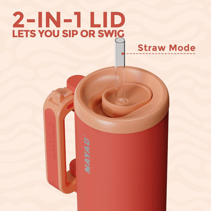 40oz Travel Tumbler with Foldable Handle and Straw 2-Position Lid | Insulated Stainless Steel Cup, Dual Straw-Sip Lid, Folding Handle, Cup Holder Compatible for Travel| BPA-Free （Coral Pink）