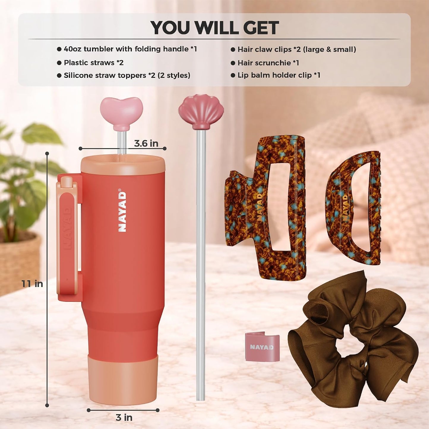 40oz Travel Tumbler with Foldable Handle and Straw 2-Position Lid | Insulated Stainless Steel Cup, Dual Straw-Sip Lid, Folding Handle, Cup Holder Compatible for Travel| BPA-Free （Coral Pink）