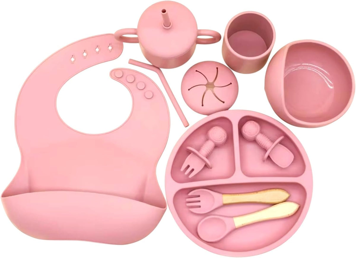 Baby Feeding Set 11 Pcs-BPA-Free Food Grade Silicone-Baby Led Weaning Supplies, Baby Spoons Suction Bowl Divided Plate Bib Cup Finger Brush,First Stage Solid Food Eating Utensils (Baby Pink)