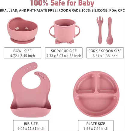 Baby Feeding Set 11 Pcs-BPA-Free Food Grade Silicone-Baby Led Weaning Supplies, Baby Spoons Suction Bowl Divided Plate Bib Cup Finger Brush,First Stage Solid Food Eating Utensils (Baby Pink)