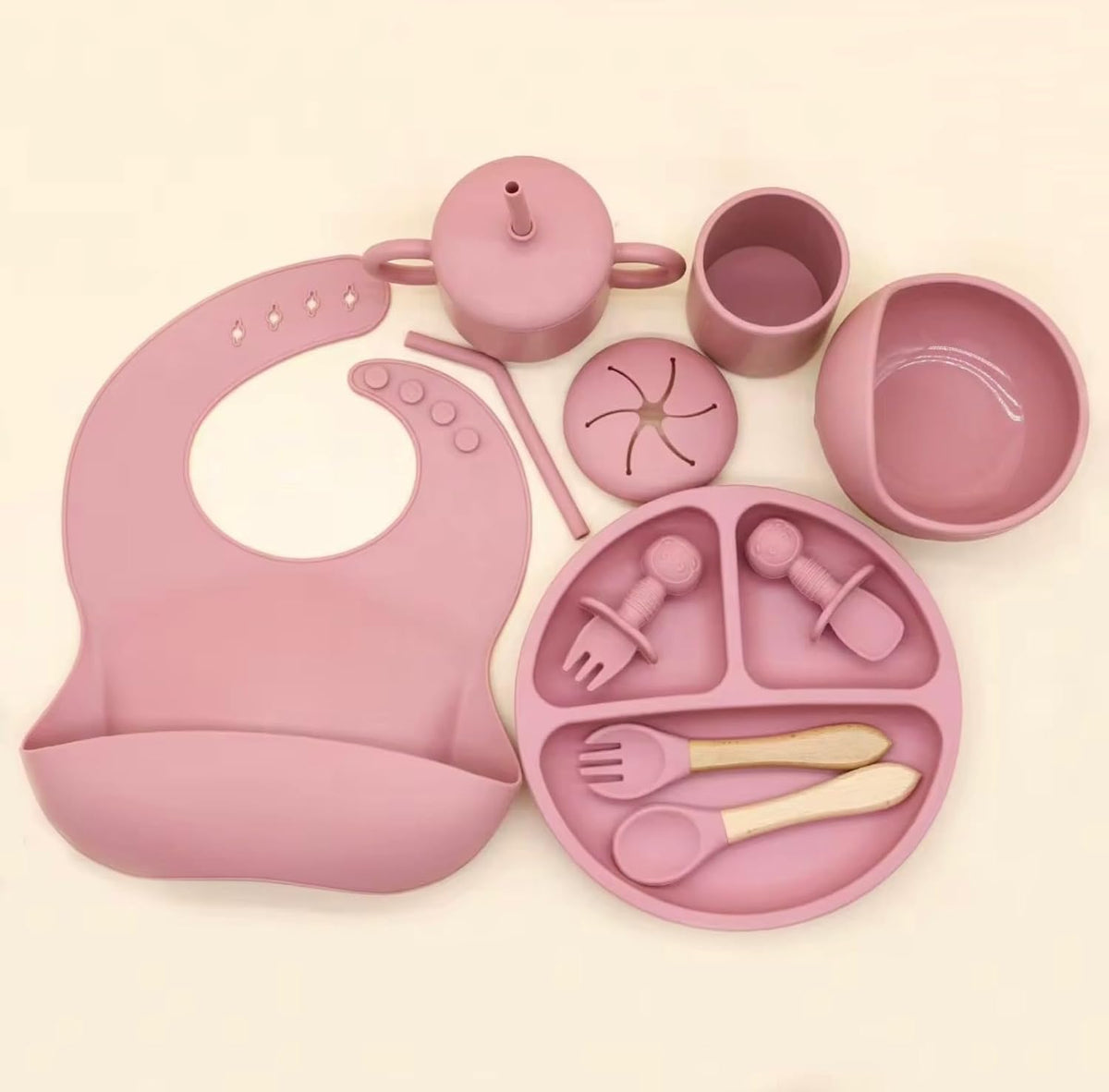 Baby Feeding Set 11 Pcs-BPA-Free Food Grade Silicone-Baby Led Weaning Supplies, Baby Spoons Suction Bowl Divided Plate Bib Cup Finger Brush,First Stage Solid Food Eating Utensils (Baby Pink)