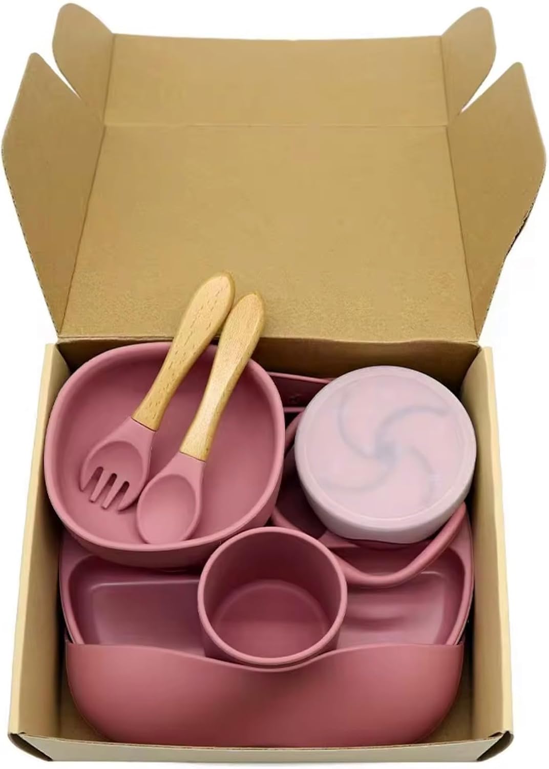 Baby Feeding Set 11 Pcs-BPA-Free Food Grade Silicone-Baby Led Weaning Supplies, Baby Spoons Suction Bowl Divided Plate Bib Cup Finger Brush,First Stage Solid Food Eating Utensils (Baby Pink)