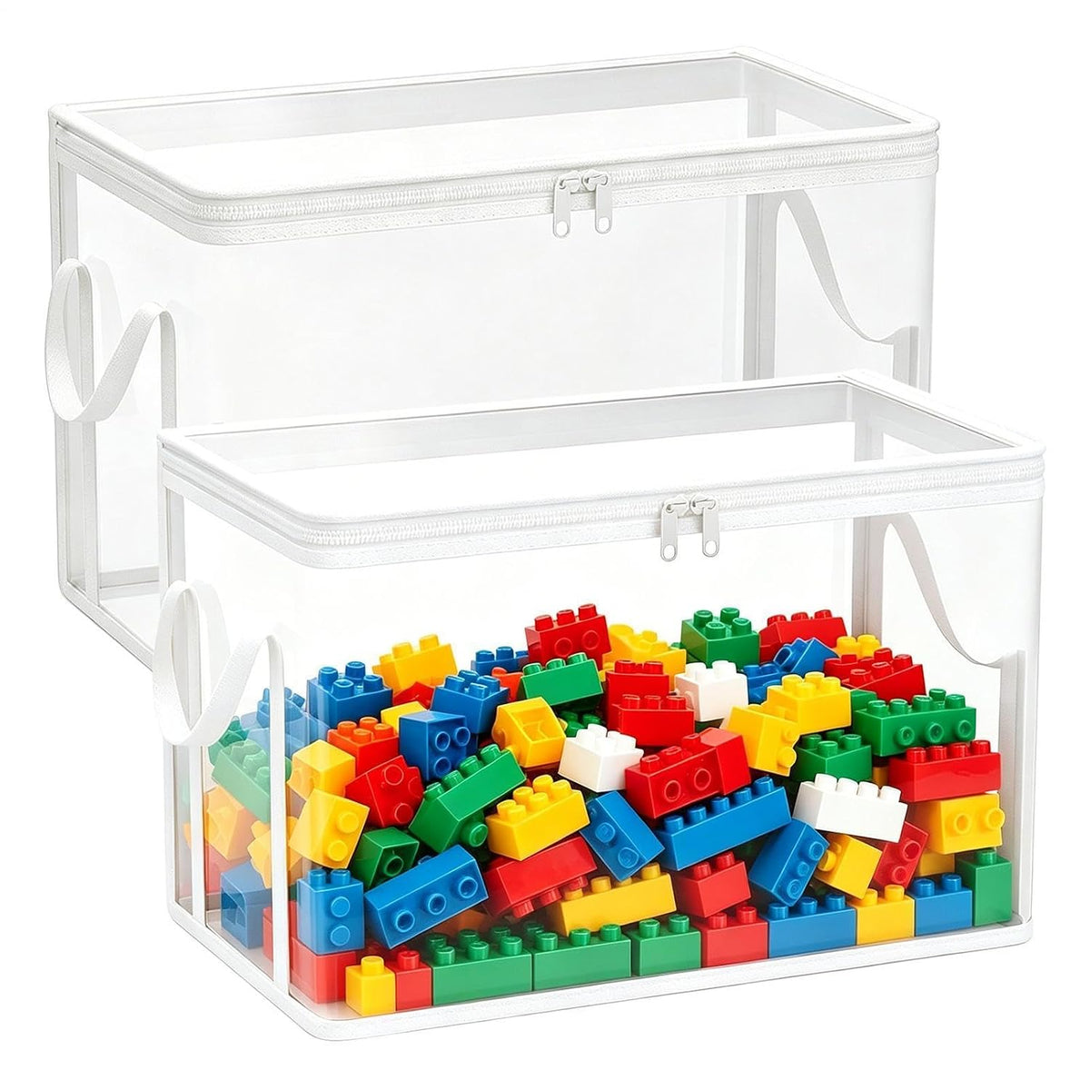 2-Pack Toy Storage Bags with Zippers & Handle PVC 38x24x32cm Reusable Clear Waterproof Organizer Storage Toy Storages Organizer Box for Board Games, Puzzles, Building Blocks & Travel