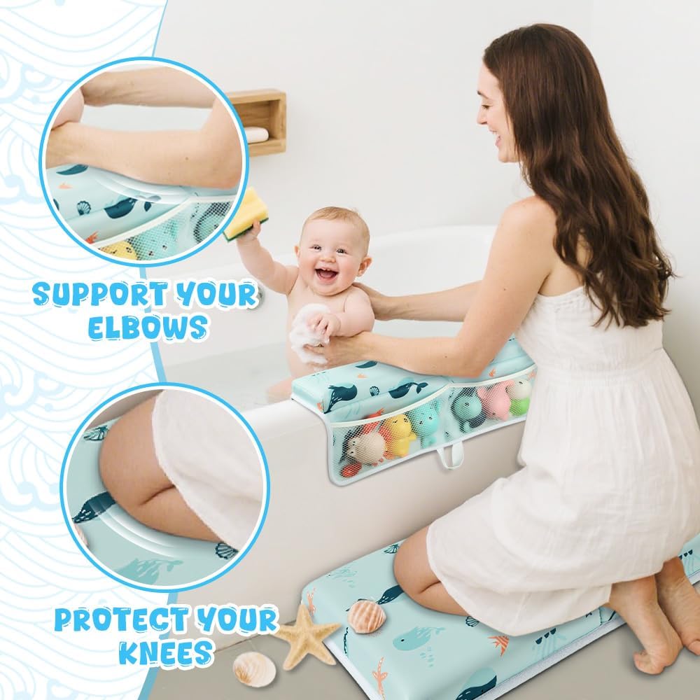Baby Bath Kneeler and Elbow Rest Pad Set,1.5" Thick Baby Bath Kneeler Pads with Toys Organizer, Pads to Support The Arm, Essentials, Ideal Kneeling Pad for Bathing（Pink）