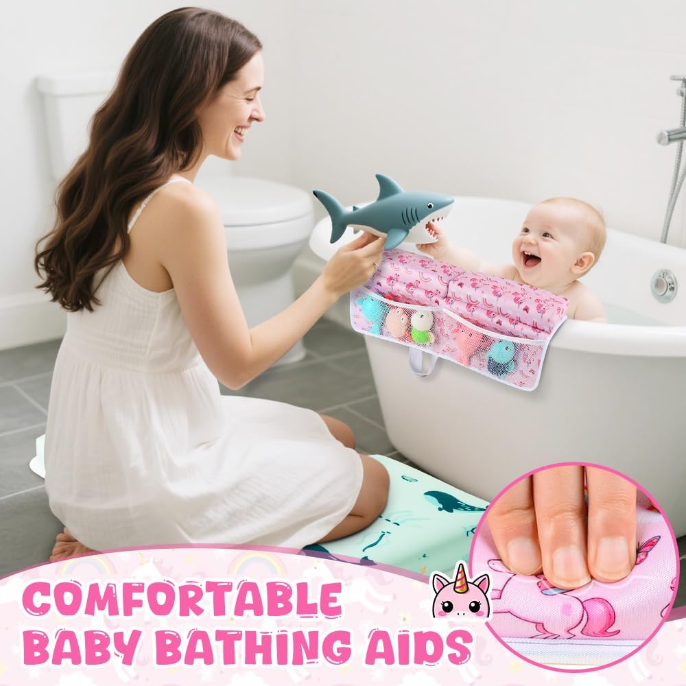 Baby Bath Kneeler and Elbow Rest Pad Set,1.5" Thick Baby Bath Kneeler Pads with Toys Organizer, Pads to Support The Arm, Essentials, Ideal Kneeling Pad for Bathing（Pink）