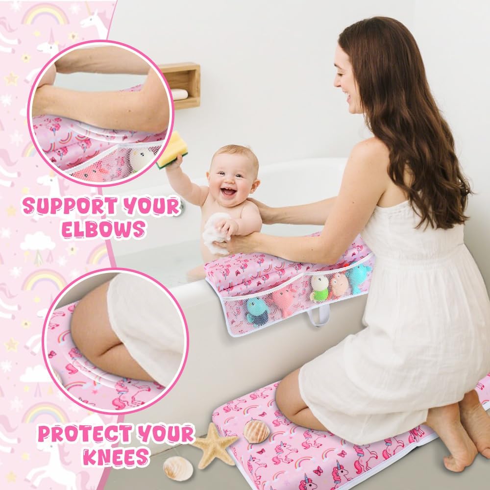 Baby Bath Kneeler and Elbow Rest Pad Set,1.5" Thick Baby Bath Kneeler Pads with Toys Organizer, Pads to Support The Arm, Essentials, Ideal Kneeling Pad for Bathing（Pink）