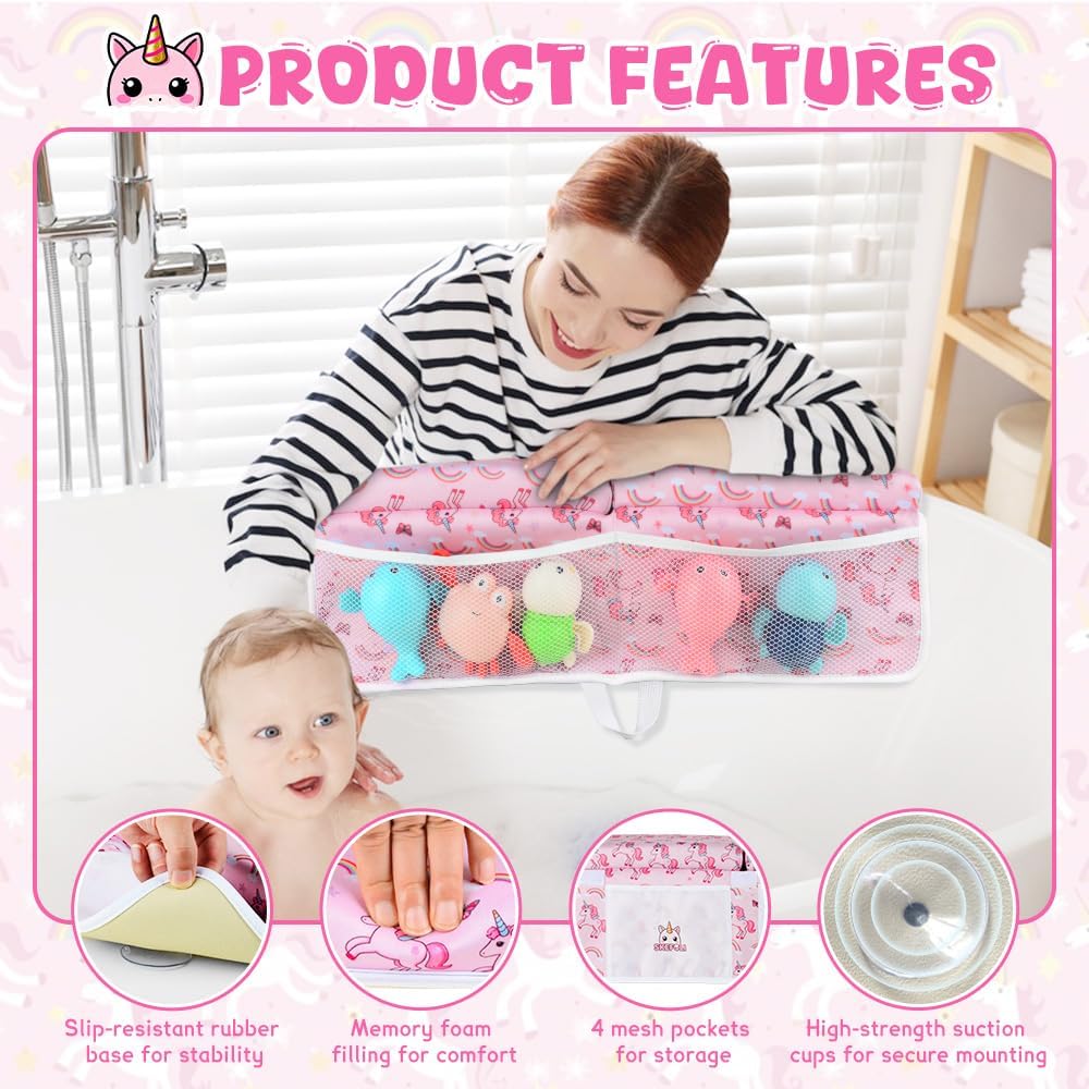 Baby Bath Kneeler and Elbow Rest Pad Set,1.5" Thick Baby Bath Kneeler Pads with Toys Organizer, Pads to Support The Arm, Essentials, Ideal Kneeling Pad for Bathing（Pink）