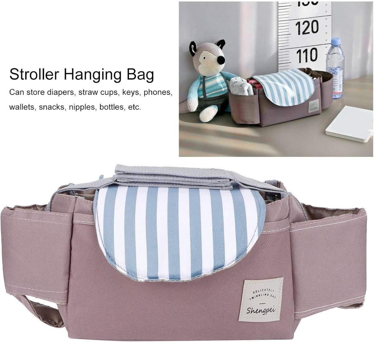 Universal Baby Stroller Organizer Bag, Oxford Cloth Storage Pouch with Cup Holders, 11.8x5.1x7.5 inches (Mint Stripes)