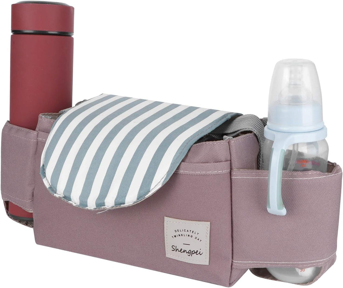 Universal Baby Stroller Organizer Bag, Oxford Cloth Storage Pouch with Cup Holders, 11.8x5.1x7.5 inches (Mint Stripes)