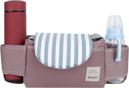 Universal Baby Stroller Organizer Bag, Oxford Cloth Storage Pouch with Cup Holders, 11.8x5.1x7.5 inches (Mint Stripes)