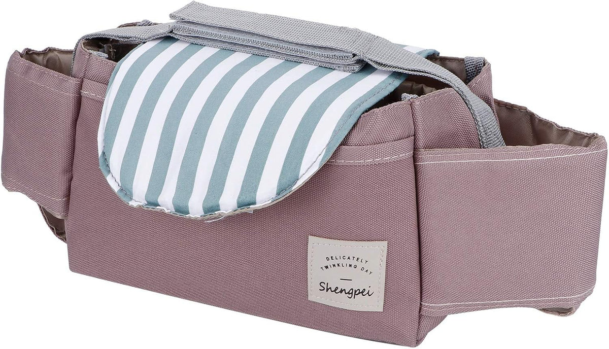 Universal Baby Stroller Organizer Bag, Oxford Cloth Storage Pouch with Cup Holders, 11.8x5.1x7.5 inches (Mint Stripes)